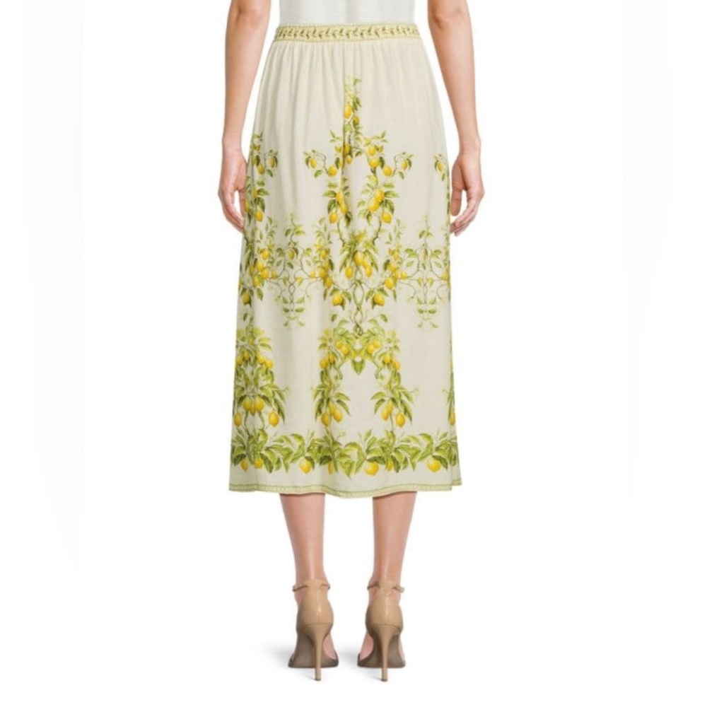 Max Studio Lemon Botanical Border Print Linen Blend Midi Skirt